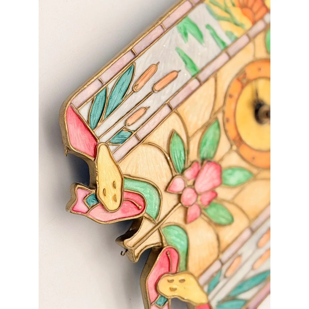 Vintage Style Faux Stained Glass Bird Cuckoo Wall Clock Nature Theme Untested